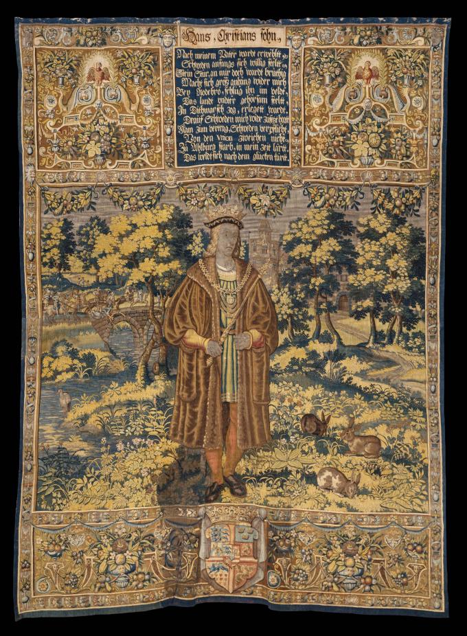 Kong Hans fremstillet på Kronborgtapeterne af Hans Knieper fra 1582-1584. Kong Hans fremstillet på Kronborgtapeterne af Hans Knieper fra 1582-1584.