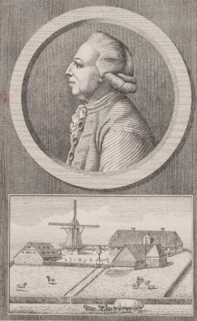 Møller Lorenz Claussen og Dybbøl Mølle. Kobberstik fra 1864.