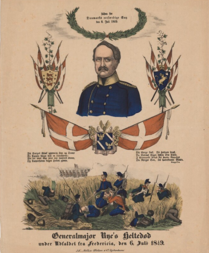 Tryk fra 1849 med titlen "Generalmajor Rye's heltedød under Udfaldet fra Fredericia, den 6. Juli 1849". Øvest står: "falden for Danmarks retfærdige Sag". Tryk fra 1849 med titlen "Generalmajor Rye's heltedød under Udfaldet fra Fredericia, den 6. Juli 1849". Øvest står: "falden for Danmarks retfærdige Sag".
