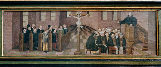 Fodstykke til altertavle i Tinglev Kirke, dateret til 1550-1600. Det afbilleder en protestantisk gudstjeneste med præsten på prædikestolen samt mændene på bænke, mens kvinderne sidder på skamler.