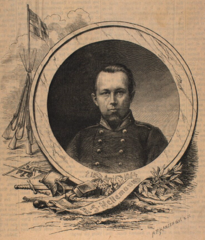 Mindeblad og portræt af Rasmus Nellemann, der døde den 18. april 1864. Mindeblad og portræt af Rasmus Nellemann, der døde den 18. april 1864.