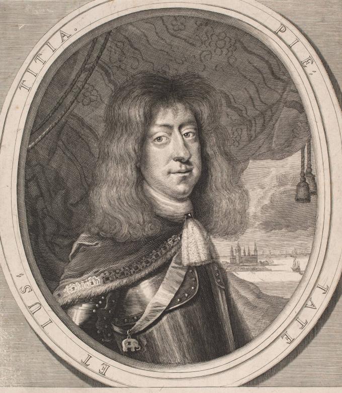 Christian 5. med Elefantorden; i baggrunden ses Kronborg. Kobberstik af Albert Haelwegh fra 1670. Christian 5. med Elefantorden; i baggrunden ses Kronborg. Kobberstik af Albert Haelwegh fra 1670.