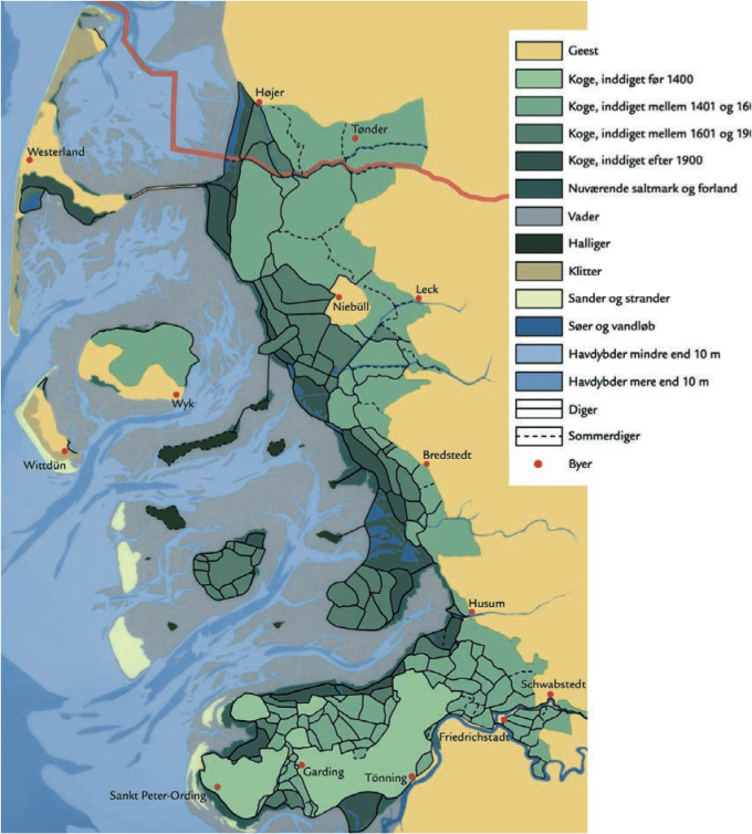 Kort med de forskellige faser af inddigningen langs den slesvigske vestkyst, fra højmiddelalderen til Det Fremskudte Dige, indviet i 1982. Kort med de forskellige faser af inddigningen langs den slesvigske vestkyst, fra højmiddelalderen til Det Fremskudte Dige, indviet i 1982.