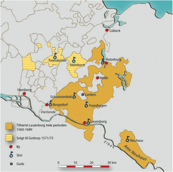 Kort visende Lauenburgs udstrækning i 1500-1600-tallet.