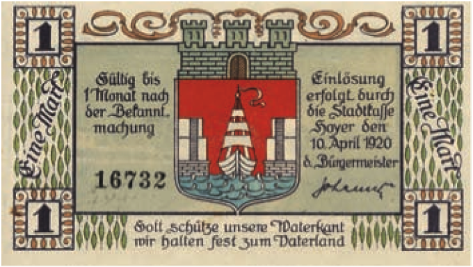 Nødpenge, Højer 1 mark.  Nødpenge, Højer 1 mark.