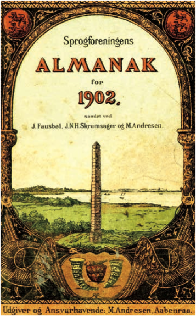 Forsiden af Sprogforeningens Almanak for året 1902. Tegneren er ukendt. Forsiden af Sprogforeningens Almanak for året 1902. Tegneren er ukendt.