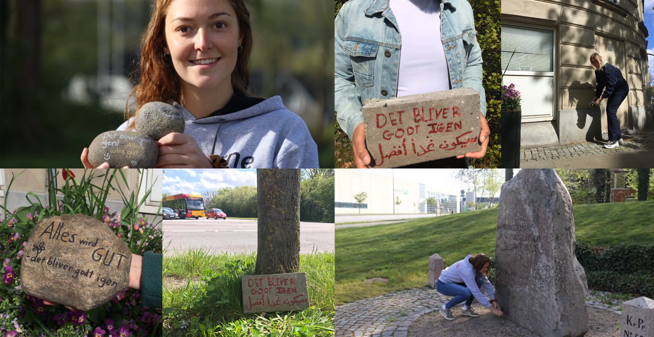 Grænseforeningens Kulturmødeambassadører (KMA) har igangsat en kampagne, der skal sprede budskab om håb. Mandag lagde Kulturmødeambassadørerne Ingeborg (tv.), Mohammed og Nanke (th.) en sten med teksten "Det bliver godt igen" ved hhv. genforeningsstenen i Kruså, Lidl i Tingbjerg og Bopa Plads i København. 