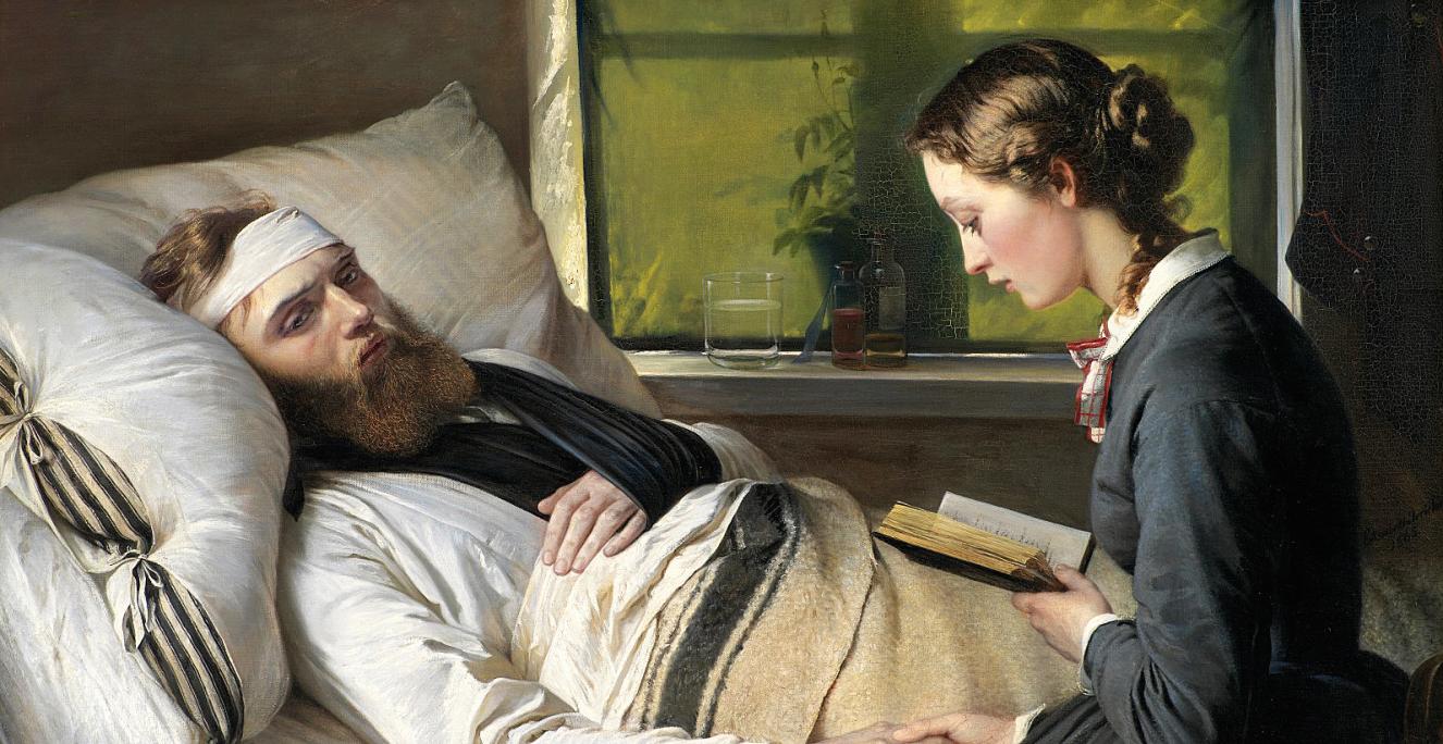 Elisabeth Jerichow Baumanns ‘Såret dansk kriger’ fra 1865 skildrer hjemmefronten, hvor en kvinde læser højt for en sengeliggende soldat. Elisabeth Jerichow Baumanns ‘Såret dansk kriger’ fra 1865 skildrer hjemmefronten, hvor en kvinde læser højt for en sengeliggende soldat.