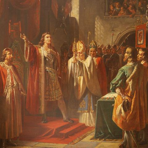 ”Ewich tosamende ungdelt”, lyder det i Ribebrevet, hvori den danske kong Christian I. udsteder løfter til Slesvig og Holstens stormænd. August Thomsen (1815-1886): ”Christian I. aflægger ed på at holde Ribebrevet 1460”. Ca. 1857. Olie på lærred. 43 x 53 cm.