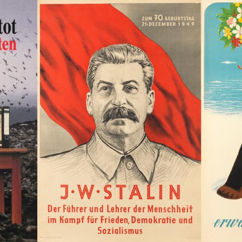 Det er plakater som disse, man kan se i Dansk Plakatmuseums udstilling om Berlinmurens fald. Plakaterne er fra hhv. 1992, 1949 og 1949. Foto: Klaus Staeck, Ukendt kunstner og Alexander Wagner/Dansk Plakatmuseum Det er plakater som disse, man kan se i Dansk Plakatmuseums udstilling om Berlinmurens fald. Plakaterne er fra hhv. 1992, 1949 og 1949. Foto: Klaus Staeck, Ukendt kunstner og Alexander Wagner/Dansk Plakatmuseum