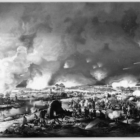 Kampen om Frederiksstad (Friedrichstadt) ved Ejderen den 4. oktober 1850 er skildret af maleren Niels Simonsen.