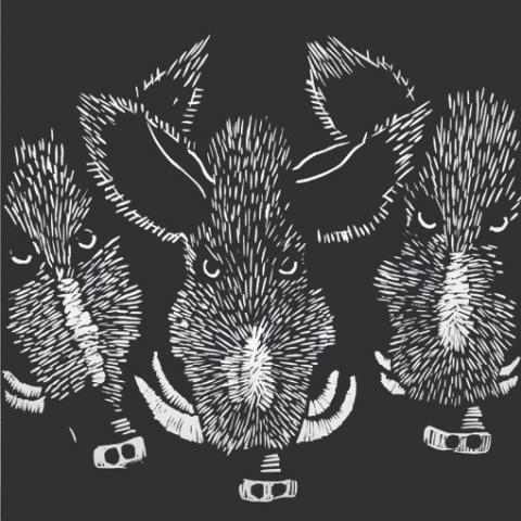 Til ordet ’vildsvinehegn’ har kunstneren Pernille Kløvedal Helweg lavet dette linoleumssnit. Illustration: Fra kataloget ’Kiek di dat an’.