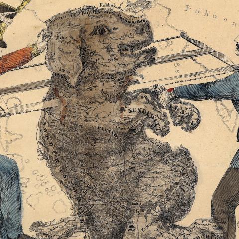 At Slesvig hørte med til Skandinavien og skulle indgå i en mulig union var en selvfølge for skandinavisterne, skriver anmelder Claus Møller Jørgensen. Her er det Slesvig, der er tegnet som en hund, der gør modstand mod en deling.