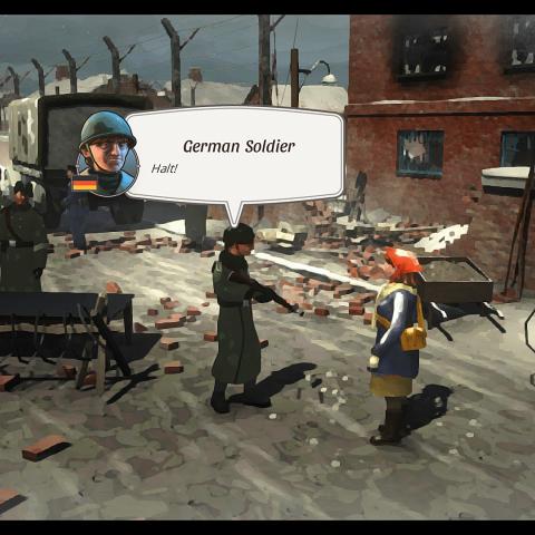 Til foråret kommer en gratis udgave af spillet, som kan bruges til undervisning i folkeskolen og gymnasiet i historie og engelsk. The German soldier says ’Halt!’ in the streets of Tinglev.