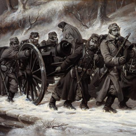 Niels Simonsen, “Danske infanterister trækker en kanonlavet ved tilbagetoget fra Dannevirke stillingen 1864”, 1864. Det Nationalhistoriske Museum på Frederiksborg Slot. 