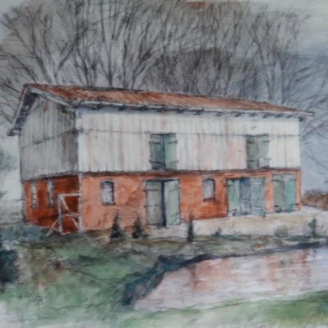 Tegningen 'Die Mühlenscheune' (Mølleladen) fra Oldersbæk er udført i 1989. 