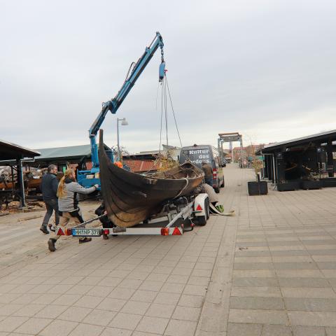 Vikingeskibet Erik Styrimathr bliver løftet fra traileren til en plads på Vikingeskibshallens værft.