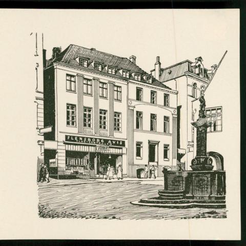 Tegningen af Flensborg Avis, der havde redaktion og trykkeri på Nørretorv frem til 1987, er lavet af en ukendt kunstner i 1960'erne.