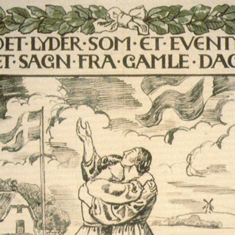Mor Danmark genforenes med sin datter på broen over Kongeåen. En af de mest kendte afstemningsplakater forud for folkeafstemningerne i 1920.