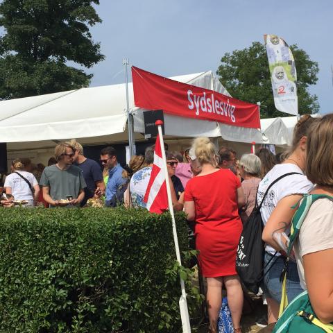 Sydslesvig-teltet vil også i år være centrum for debat, underholdning og sønderjysk kaffebord på Folkemødet på Bornholm. Her foto fra sidste års sønderjysk kaffebord. Foto: Grænseforeningen