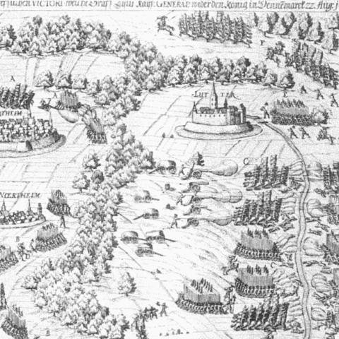 Uffe Østergård fremhæver bl.a. Reformationen (1500-tallet) og Trediveårskrigen (1618-1648) som en forudsætning for 500 år med europæisk dominans. Tegning: Slaget ved Lutter am Barenberg i 1626, hvor Kong Christian den Fjerde, der formelt kæmpede som hertug af Holsten, led nederlag. Efterfølgende besatte den kejserlige hær Holsten, men også Slesvig og Jylland nord for Kongeåen.