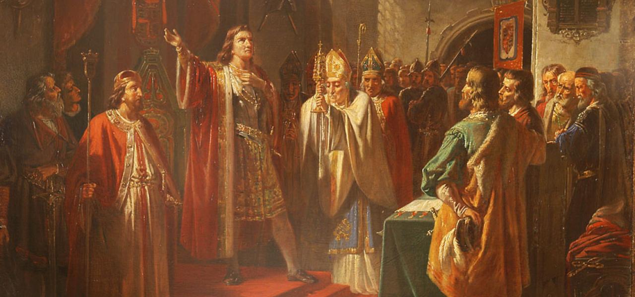 ”Ewich tosamende ungdelt”, lyder det i Ribebrevet, hvori den danske kong Christian I. udsteder løfter til Slesvig og Holstens stormænd. August Thomsen (1815-1886): ”Christian I. aflægger ed på at holde Ribebrevet 1460”. Ca. 1857. Olie på lærred. 43 x 53 cm.