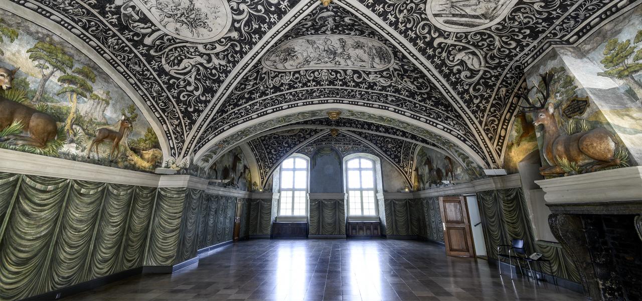 Gottorp Slot, der ligger ved Slien, hører til blandt de mere kendte steder i Sydslesvig, der præsenteres i bogen. Fyrsteslægten Gottorp var i hovedparten af sin levetid fra midten af det 16. til det 18. århundrede underlagt den danske krone. Her ses slottets festsal fra renæssancen, Hjortesalen, der er udført med hjorte i stuk og i loftets fresker. 