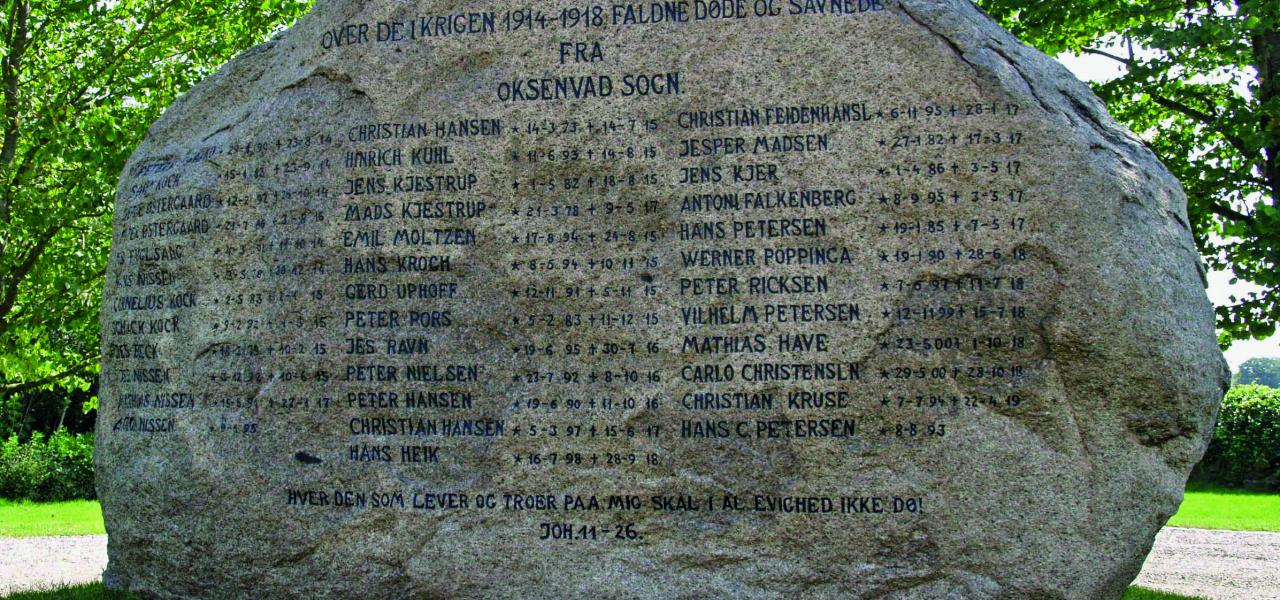 Ved alle sognekirker i Sønderjylland findes i dag en mindesten eller en mindetavle over sognets faldne i Første Verdenskrig, hvor 6.000 sønderjyder faldt i tysk krigstjeneste. Når soldaten var faldet, modtog de pårørende et mindeblad (se side 3). Nederst blev fremhævet, at soldaten var faldet for fædrelandet. Det kunne dansksindede familier have svært ved at nikke ja til, skriver Lars N. Henningsen i sin bog ‘Kampen om de faldnes minde’. 