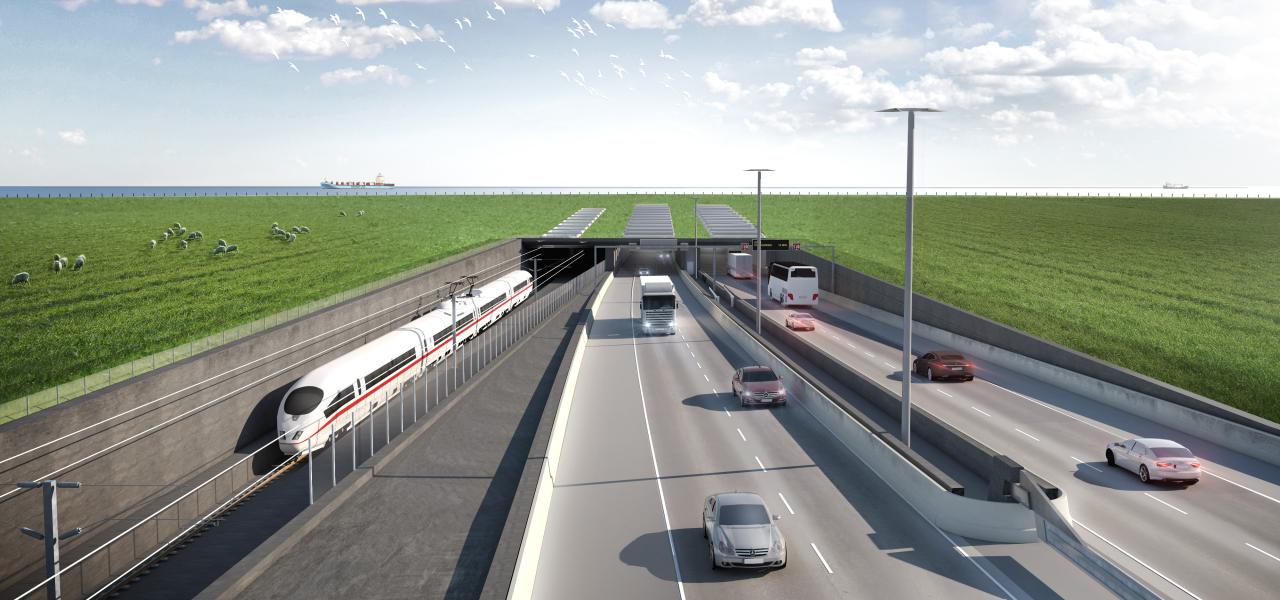 Sådan kommer den nye Femern Bælt-forbindelse med 18 kilometer sænketunnel til at se ud fra Rødby fra 2029.