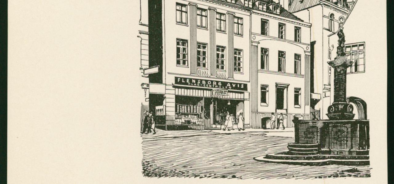 Tegningen af Flensborg Avis, der havde redaktion og trykkeri på Nørretorv frem til 1987, er lavet af en ukendt kunstner i 1960'erne. Tegningen af Flensborg Avis, der havde redaktion og trykkeri på Nørretorv frem til 1987, er lavet af en ukendt kunstner i 1960'erne.