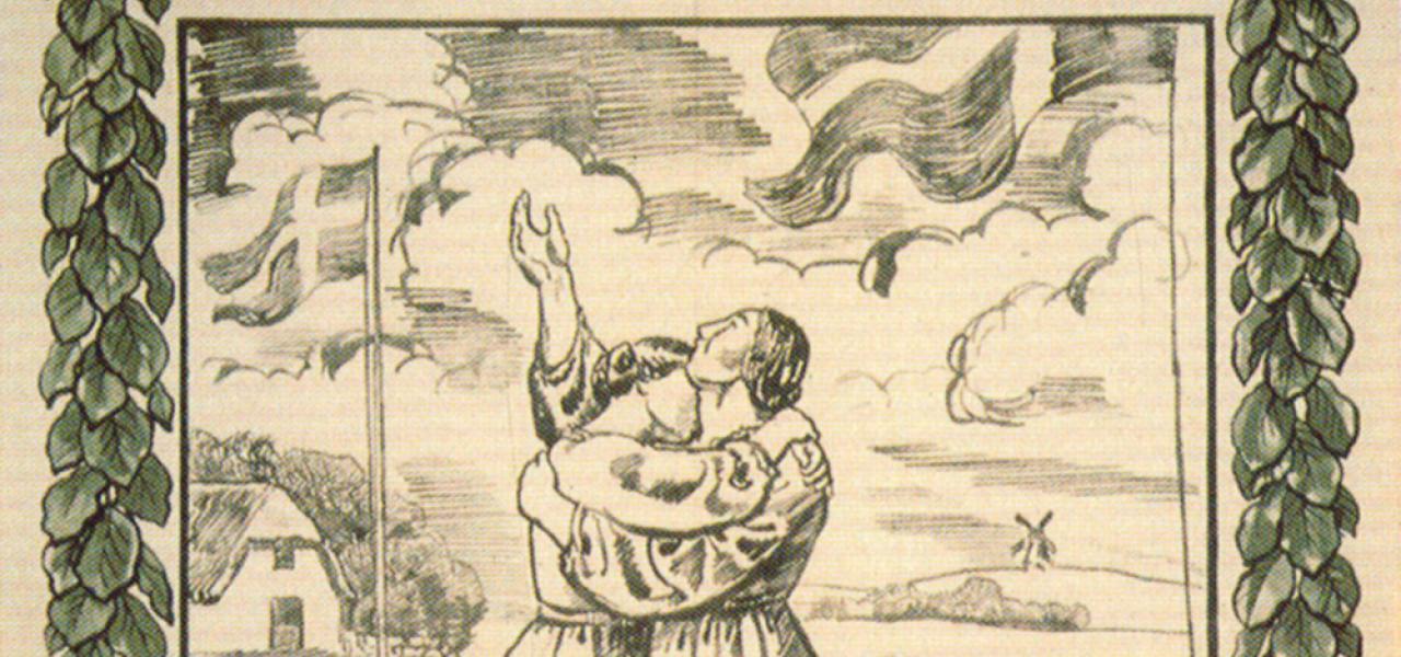 Mor Danmark genforenes med sin datter på broen over Kongeåen. En af de mest kendte afstemningsplakater forud for folkeafstemningerne i 1920.