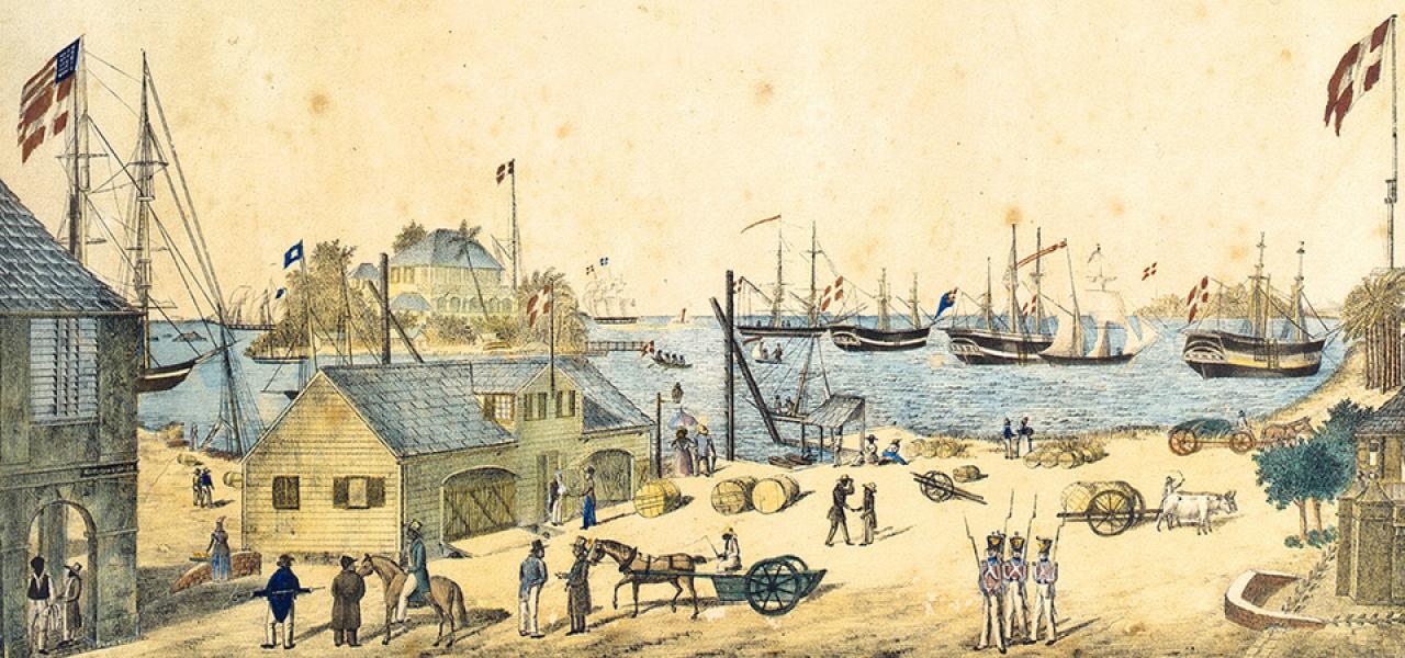 Havnen i Christiansted på St. Croix omkring 1830. Et forskningsprojekt skal i den kommende tid sætte fokus på grænselandets koloniale arv, herunder ikke mindst Danmarks rolle i forbindelse med slaveri.  Havnen i Christiansted på St. Croix omkring 1830. Et forskningsprojekt skal i den kommende tid sætte fokus på grænselandets koloniale arv, herunder ikke mindst Danmarks rolle i forbindelse med slaveri.