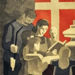 Illustration fra et mindeblad udsendt 1955, hvor Dannebrog og sangbog er med som centrale, samlende symboler. Illustration fra et mindeblad udsendt 1955, hvor Dannebrog og sangbog er med som centrale, samlende symboler.