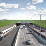 Sådan kommer den nye Femern Bælt-forbindelse med 18 kilometer sænketunnel til at se ud fra Rødby fra 2029.