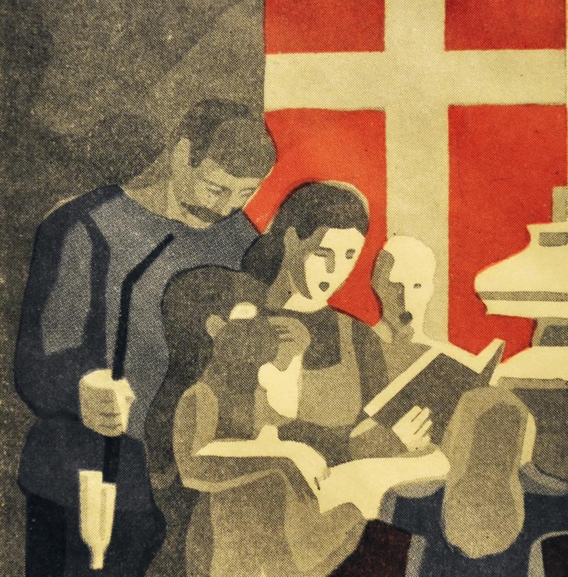 Illustration fra et mindeblad udsendt 1955, hvor Dannebrog og sangbog er med som centrale, samlende symboler.