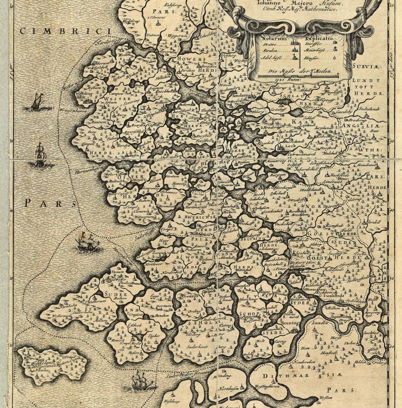Stormfloderne har gennem tiden forandret det nordfrisiske landskab gevaldigt. Stormfloden i 1362 lod den sagnomspundne handelsby Rungholdt forsvinde i havet, mens stormfloden i 1634 lod øen Strand lide samme skæbne. På dette kort, ‘Landtcarte von dem Alten Nortfrieslande. Anno 1240’, fra 1652 ses Nordfrisland, som man forestillede sig, det så ud før stormflodernes rasen.